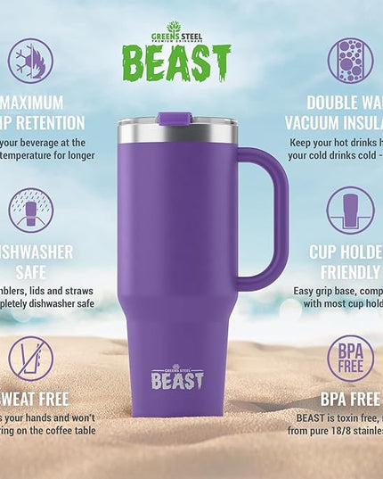 Beast 42 oz Tumbler with Handle Stainless Steel Vacuum Insulated Coffee Ice Cup Double Wall Travel Flask (Deep Purple)