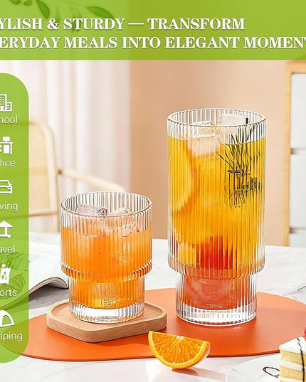 Ribbed Drinking Glasses Set of 8, Stackable Cute Kitchen Glasses Cups 16oz and 7oz Iced Coffee Glasses cocktail Glass cup for Water, Beverage, Whiskey