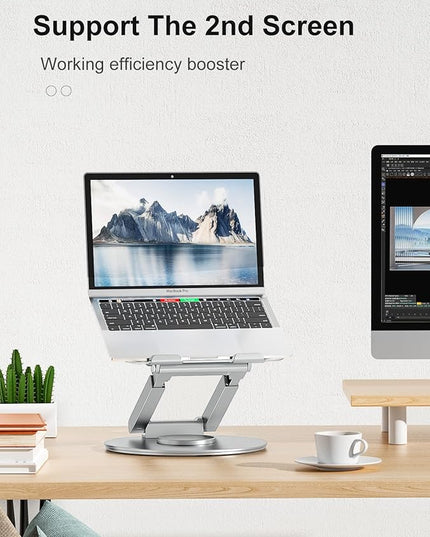 tounee Telescopic Laptop Stand for Desk with 360° Swivel Base, Sit to Stand, Height Adjustable, Portable Riser Holder for Good Posture, Compatible with All Laptops 10-17"-Silver