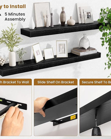 Fun Memories 40 Inch Floating Shelves, Long Wood Wall Shelf Set of 2 with Invisible Brackets, for Bathroom, Living Room, Bedroom, Kitchen, Black