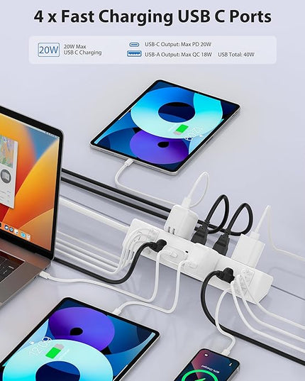 40W Fast Charging Station,Desk Clamp Power Strip 20W USB C,8 Outlets,8 USB Ports,4 USB C 4 USB A,Nightstand Edge Mount Surge Protector, 14AWG Cord, Fits 1.9" Tabletop Edge for Office,Home Furniture