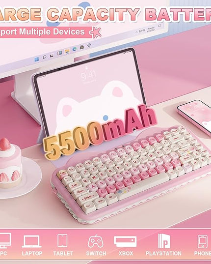 YUNZII C75 Wireless Mechanical Keyboard,75% Layout, Hot-Swappable NKRO,BT5.0/2.4G/USB-C Mode,Dye-Sub PBT MOA Keycaps,RGB Gasket Mount,Cute Cake Design for Mac/Win/Gaming (Pink, Milk V2 Switch)