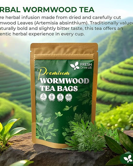 FreshDrinkUS, Premium Wormwood Tea - 75 Tea Bags - Handcrafted Herbal Blend, Caffeine-Free – Smooth Taste & Naturally Refreshing.