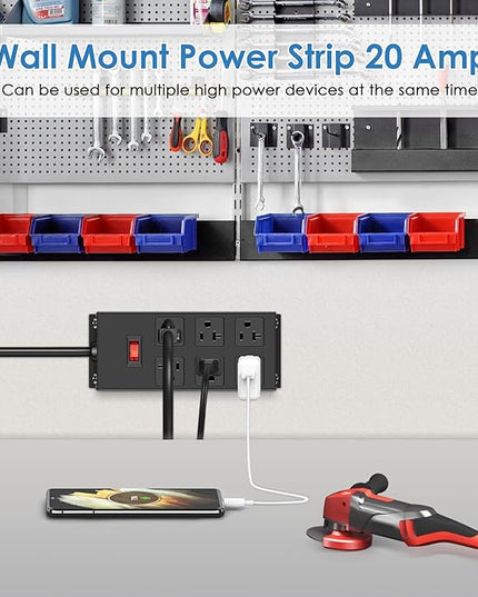 JUNNUJ 20 Amp Power Strip Heavy Duty 2 Pack, Garage 6 Outlets Metal 12 Gauge Surge Protector 3000J, High Amp 5-15P Adapter Shop 6-20R T-Slot Industrial (6AC 2-Pack, 10FT)