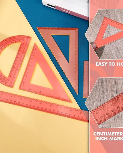 Tenare 6 Pcs Plastic Ruler Math Set Includes 12 Inch 6 Inch Straight Protractor Triangle Geometry Transparent Math Ruler Measuring Tools for School Office Home (Orange)