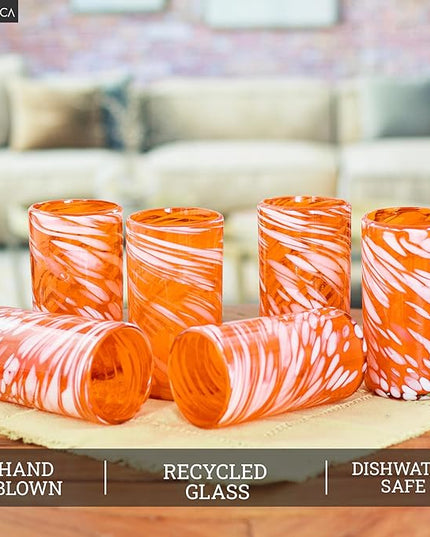 NOVICA Artisan Crafted Handblown Recycled Tumblers Glass | Striped Juice Drinkware | Tableware Glasses | Elegant Style | Emerald Orange | Toxins Free | Mexico 6" H x 3.1" Diam. (Set Of 6)