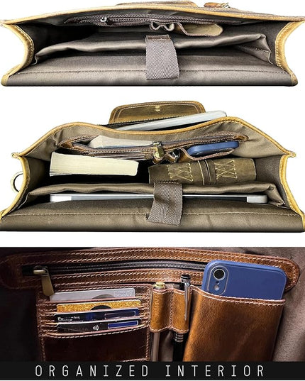 RUSTIC TOWN Leather Messenger Bag for Men - Full Grain Leather Briefcase Laptop Satchel Office Crossbody Travel Bag