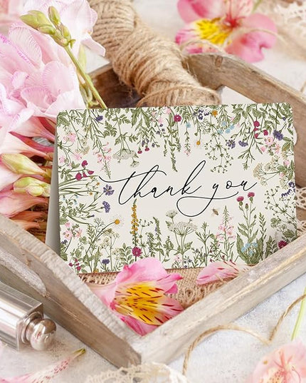 Artoid Mode 24 Pack Leaves Wildflower Thank You Cards Flower Greeting Cards Gift With Envelope Sticker Blank Note Cards for Birthday Wedding Baby Shower Bridal Shower, 4 x 6 Inch