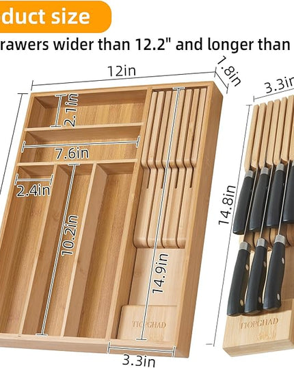 Small-Bamboo-Silverware-Drawer-Organizer, Expandable Utensil Kitchen Cutlery Tray Flatware Organization Adjustable Wood Tableware Dividers Storage (with Removable Knife Block)(Natural)