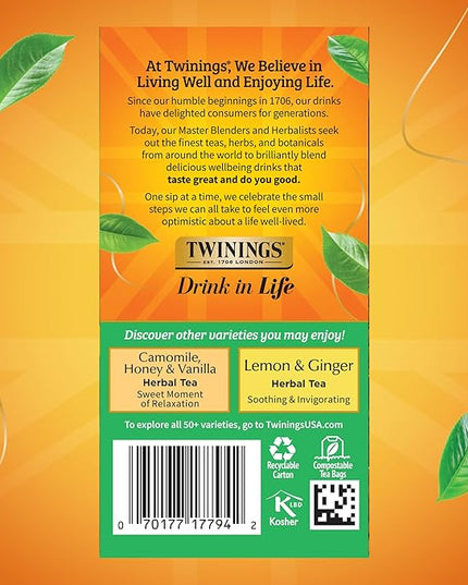 Twinings Decaffeinated Green Tea Individually Wrapped Bags, 20 Count (Pack of 6), Smooth Flavour, Enticing Aroma, Enjoy Hot or Iced, 120 Teabags