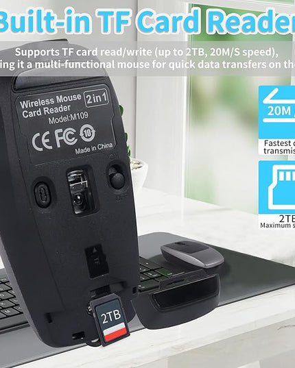 Wireless Mouse Mini Small Bluetooth with Card Reader (Up to 2TB) Portable Silent Rechargeable Optical Travel Thin Finger Mice for PC Smartphone Laptop Tablet Android Windows Gift（Gray）