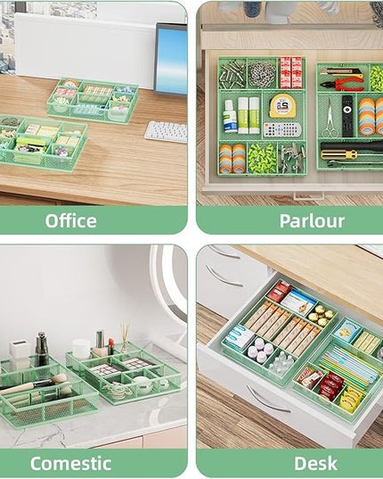 Marbrasse 2 Pack Desk Drawer Organizer, Mesh Drawer Organizer Tray with 8 Adjustable Compartments, Desk Organizers and Accessories, 5 Dividers Drawer for Office Supplies, Makeup & Vanity (Green)
