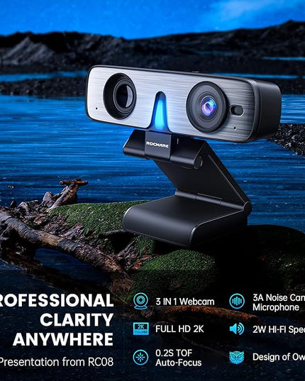 ROCWARE RC08 2K Webcam with Speaker, Webcam for PC, HD Web Cam with Noise Reduction Mic/Harman Speaker/4X Eptz/Privacy Cover/0.2S Auto-Focus/Low Illumination, Computer Camera for Zoom/Teams/Meeting