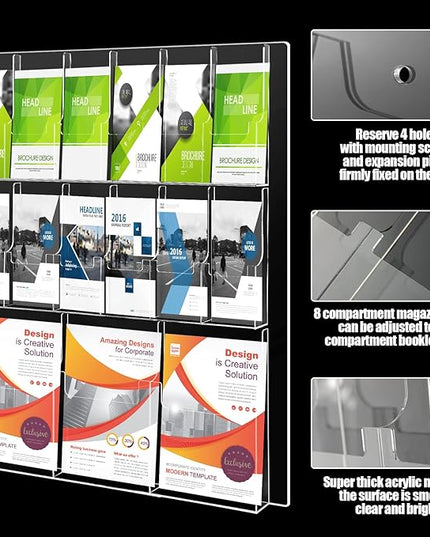 Weysat Acrylic Brochure Holder Wall Mount, Clear Plastic Pamphlet Holder Magazine Display Trifold Flyer Rack Hanging Literature Storage Organizer(3 Magazine Pockets, 12 Pamphlet Pockets)