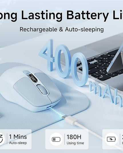 EWEADN Q1 Wireless Mouse, BT & 2.4G Silent Mouse Quiet Click with 1600 DPI Levels, Battery & DPI LED Screen Display, 6 Button Small Portable Bluetooth Mouse for Laptop/PC/Mac-Blue