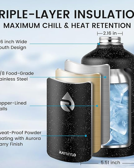 128oz Insulated Water Bottle, Triple Wall Vacuum Stainless Steel Water Bottles - Keeps Cold 48H, Reusable One Gallon Flask Jug for Gym, Sports, Camping, Hiking,Travel, Starry Sky-Black