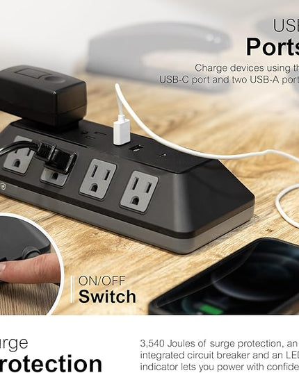 GE UltraPro 10-Outlet Surge Protector with USB, 2 USB-A, 1 USB-C, 4 Ft Braided Extension Cord, Multi Plug Outlet Extender, Adapter Spaced, Flat Plug, 3540 Joules, Charging Station, Black, 81785