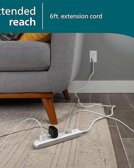 Philips 6 Outlet Power Strip Surge Protector, 6 Ft Power Cord, Designer Braided Extension Cord, Flat Plug, Perfect for Office or Home Décor, 1080 Joules, White, SPC3054WA/37