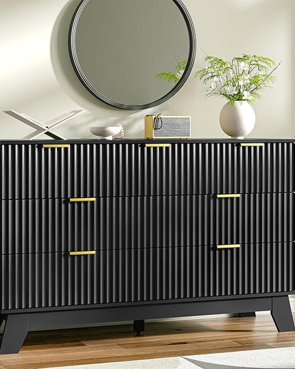 HUANLEGO Fluted Dresser for Bedroom with 7 Drawer, Mid Century Modern Chest of Drawers, 48" Wide Natural Wood Dresser for Closet, Wooden Boho Chest Closet Storage TV Stand for Bedroom, Black