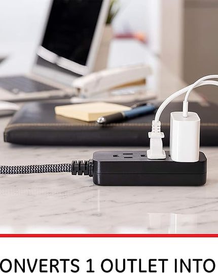 GE 3-Outlet Power Strip Mini Extension Cord with Multiple Outlets 5 Inch Braided Short Cord Extension Cord Grounded Flat Plug Extension Cord ETL Listed 2 Pack Black 53240