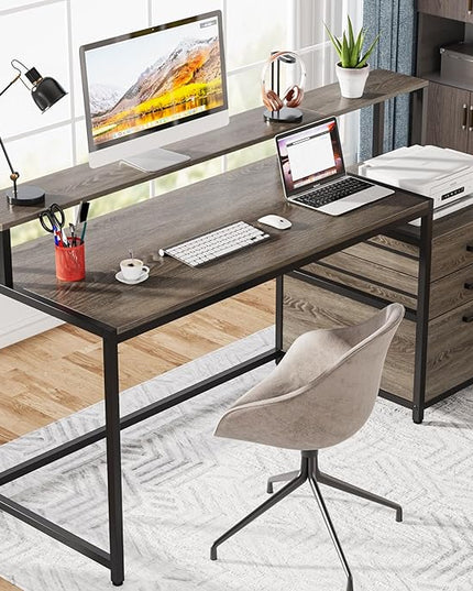 Tribesigns 63 Inch Computer Desk with File Drawer Cabinet, Ergonomic Office Desk with Monitor Stand, Industrial Computer Table with Printer Space, Wood PC Table Workstation Desk for Home Office