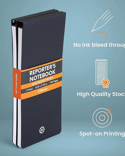 Notsu Reporter's Notebooks 2-Pack | Black Pocket Spiral Reporter Notepads for Journalist, Police, Detective, Field Note Taking | 100 Pages of 120 gsm Thick Paper, 3.75" x 8.25"
