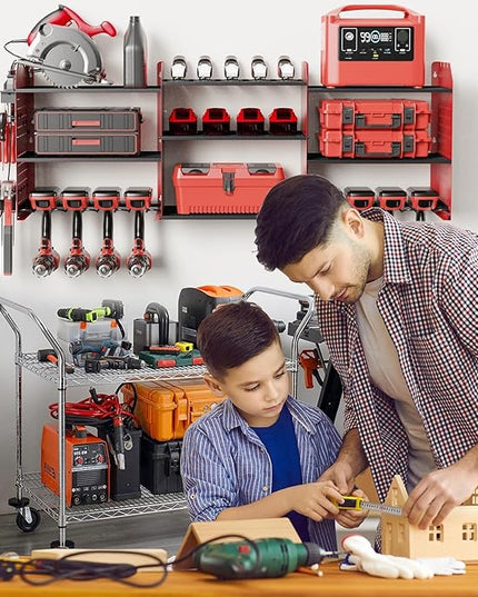 Power Tool Organizer with Charging Station Wall Mount, 3 Layer Expanded Heavy Duty Garage Organization, 45.5 Inch Length Garage Tool Storage, 8 Drills, 2 Assemble Method, Red