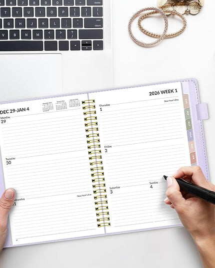 SUNEE 2026 Weekly & Monthly Planner 6.4"x8.5"- 12 Month (January 2026 - December 2026), Vegan Leather Cover, Pocket, Bookmark, Notes, Monthly Tab, Purple
