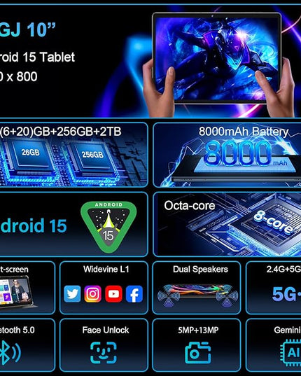 JJGJ 2026 Android 15 Tablet with Keyboard, 26GB+256GB, 2TB Expand, 10 Inch Tablet with Octa-Core, 8000mAh, 5G WiFi, BT5.0, Widevine L1, Gemini AI, 2-in-1 Tablets with Case, Mouse, Stylus(Black Case)