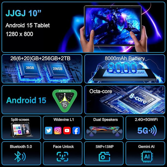 JJGJ 2026 Android 15 Tablet with Keyboard, 26GB+256GB, 2TB Expand, 10 Inch Tablet with Octa-Core, 8000mAh, 5G WiFi, BT5.0, Widevine L1, Gemini AI, 2-in-1 Tablets with Case, Mouse, Stylus(Black Case)