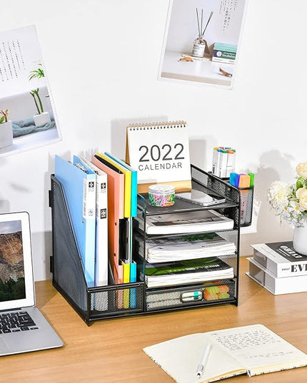 Marbrasse Desk Organizer with File Holder, 5-Tier Paper Letter Tray Organizer with Drawer and 2 Pen Holder, Mesh Desktop Organizer and Storage with Magazine Holder for Office Supplies(Black)