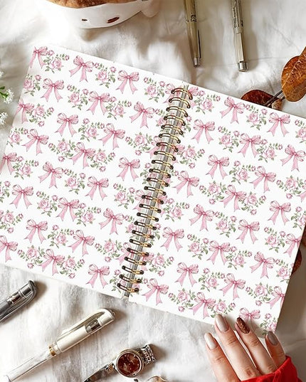 Bow Floral Journal, pink Floral Botanical Notebook, Flower Notebook, Pink Girly Journal, Preppy Gifts for Women, Floral Hardcover Spiral Notebook 80 Sheets -160 Pages 5.5x8.3 Inch