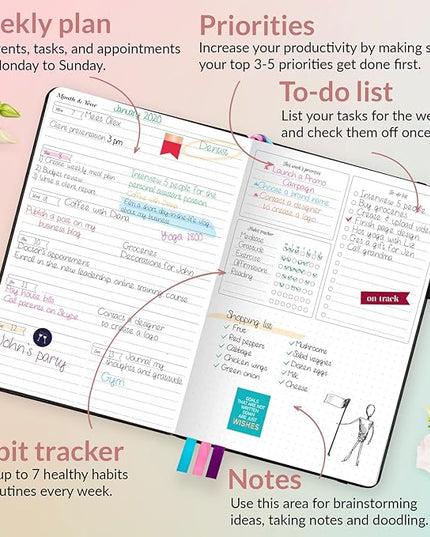 GoGirl Planner and Organizer for Women – A5 Size Weekly Planner, Goals Journal & Agenda to Improve Time Management, Productivity & Live Happier. Undated – Start Anytime, Lasts 1 Year – Black