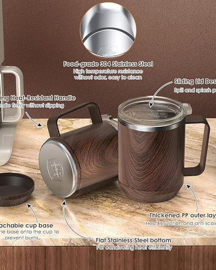 Felibeaco 16oz Heated Coffee Mug With Flat Bottom for Rapid Heating, Stainless Steel Cup for Different Warmer/Heaters, Suitable for Home and Office Desk, Wood, No Warmer
