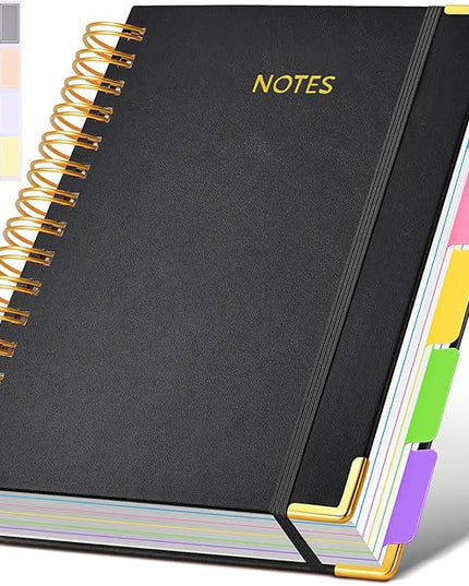 Hardcover Spiral Notebook journal with Removable Dividers Tabs, 300 Pages Leather 5 Subject Notebook College Ruled, 100GMS A5 Notebooks for Work School Note taking,Lined Journal for Women,A5-Black