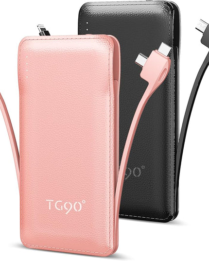 TG90° 2 Pack 10000mAh Portable Charger Slim Power Bank with Built in Cables,Travel Charger Cell Phone External Battery Pack,4 Output External Battery Pack Compatible with iPhone and Android Devices