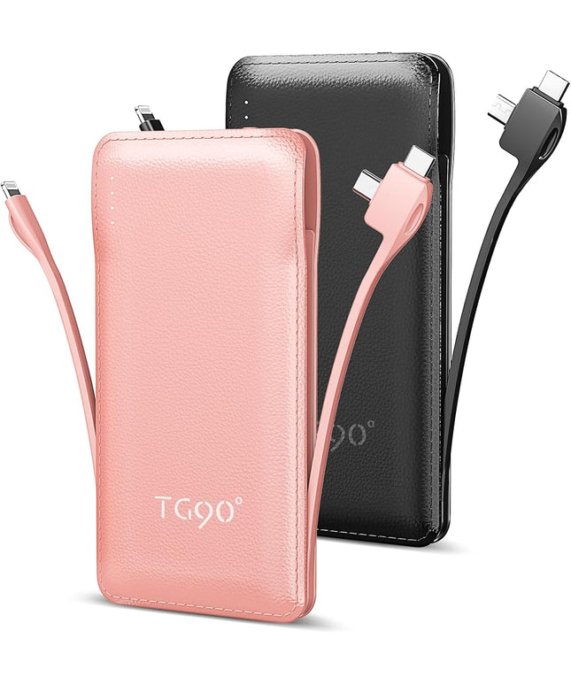 TG90° 2 Pack 10000mAh Portable Charger Slim Power Bank with Built in Cables,Travel Charger Cell Phone External Battery Pack,4 Output External Battery Pack Compatible with iPhone and Android Devices