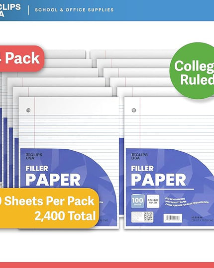 Loose Leaf Paper College Ruled Notebook Paper College Ruled Lined Writing Filler Paper 10.5” x 8” 2400 Sheets 100 Sheets Per Pack 60 gsm (24 Pack)