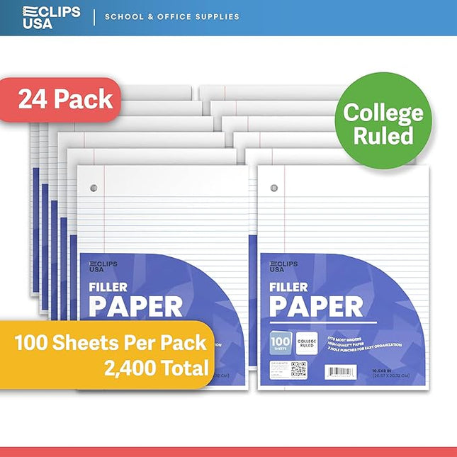 Loose Leaf Paper College Ruled Notebook Paper College Ruled Lined Writing Filler Paper 10.5” x 8” 2400 Sheets 100 Sheets Per Pack 60 gsm (24 Pack)