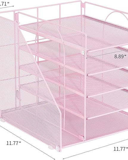 LEKETREE Desk Organizers and Accessories, 5-Tier Paper Letter Tray Organizer with File Holder, Desktop Organizer for Office Supplies (Pink)