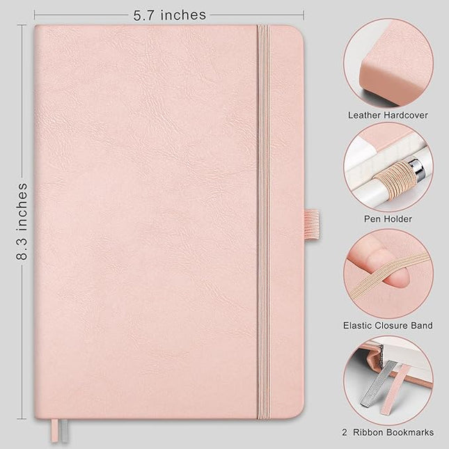 RETTACY Lined Journal Notebook, 192 Numbered Pages, A5 Medium Size (5.7'' x 8.3''), for Men & Women, Journaling, Writing, Work & Office, Leather Hardcover, 100 GSM Thick Paper (Rose Gold)