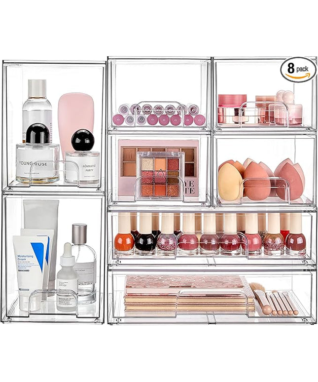 Vtopmart Stackable Storage Drawers Set of 8, Clear Plastic Organizer Bins for Bathroom Supplies,Ideal for Cabinet,Pantry,Laundry Room Organization