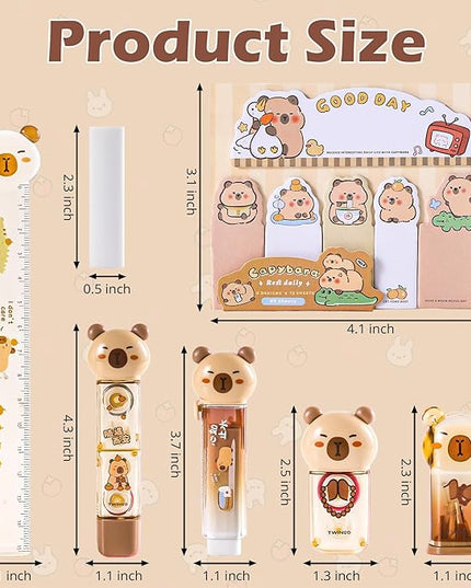 Kogcmeetl 7 Pcs Cute Capybara Stationary Set Kawaii School Supplies Japanese Stationery, Includes Pencil Sharpener, Eraser, Correction Tape, Glue Tape, Sticky Notes, Ruler, for Office School Supplies