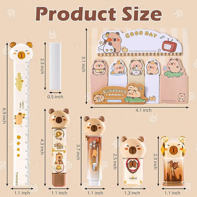 Kogcmeetl 7 Pcs Cute Capybara Stationary Set Kawaii School Supplies Japanese Stationery, Includes Pencil Sharpener, Eraser, Correction Tape, Glue Tape, Sticky Notes, Ruler, for Office School Supplies