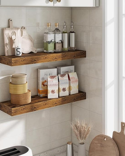 Fun Memories Floating Shelves Set of 2, 24 Inch Floating Shelves for Wall, Wood Wall Shelves with Invisible Brackets, for Bathroom, Bedroom, Living Room, Kitchen, Rustic Brown