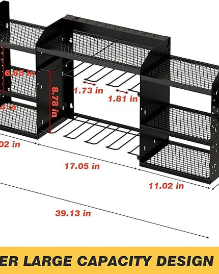 Power Tool Organizer Wall Mount with Charging Station, Heavy-Duty Metal Garage Tool Storage Rack & 8 Outlet Power Strip, 51 Inch 3 Tier 8 Bin Shelves for Workshop Organization