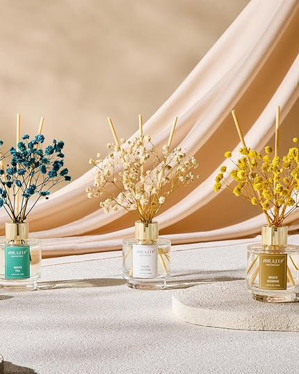 Airkeep Reed Diffuser Set of 3,Clean Cotton White Jasmine White Tea Oil Reed Diffusers for Bedroom Living Room Office Aromatherapy Oil Reed Diffuser for Gift 50ml x 3
