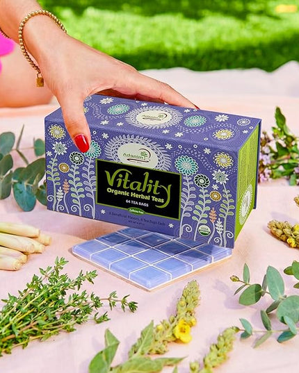 Adanim Bio Vitality Organic Herbal Tea Sampler Gift Set Caffeine Free 8 Flavors Variety Pack 64 Individually Wrapped Tea Bags for Gifting