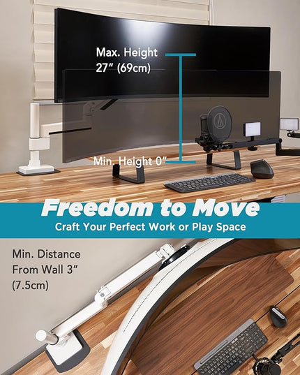 Heavy Duty Monitor Arm for Ultrawide Monitors up to 57" and 44 lbs, Single Desk Stand, Pneumatic Height Adjustable, Modular Extension Arms - Max VESA 100x100, White, MA20PW-S