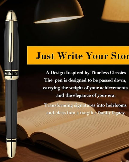BEILUNER 315 Black Fountain Pen,Stunning Luxury Pens with 24K Gold Accents, Gorgeous 24K Gilded Nib(Medium), Ink Converter,Fancy Pen Gift for Men&Women-Elegant, Office, Reliable, Nice Design